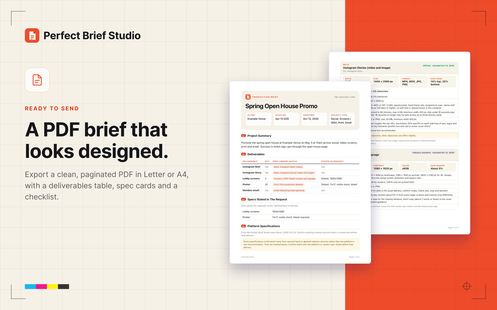 A generated production brief with deliverables, specs and open items